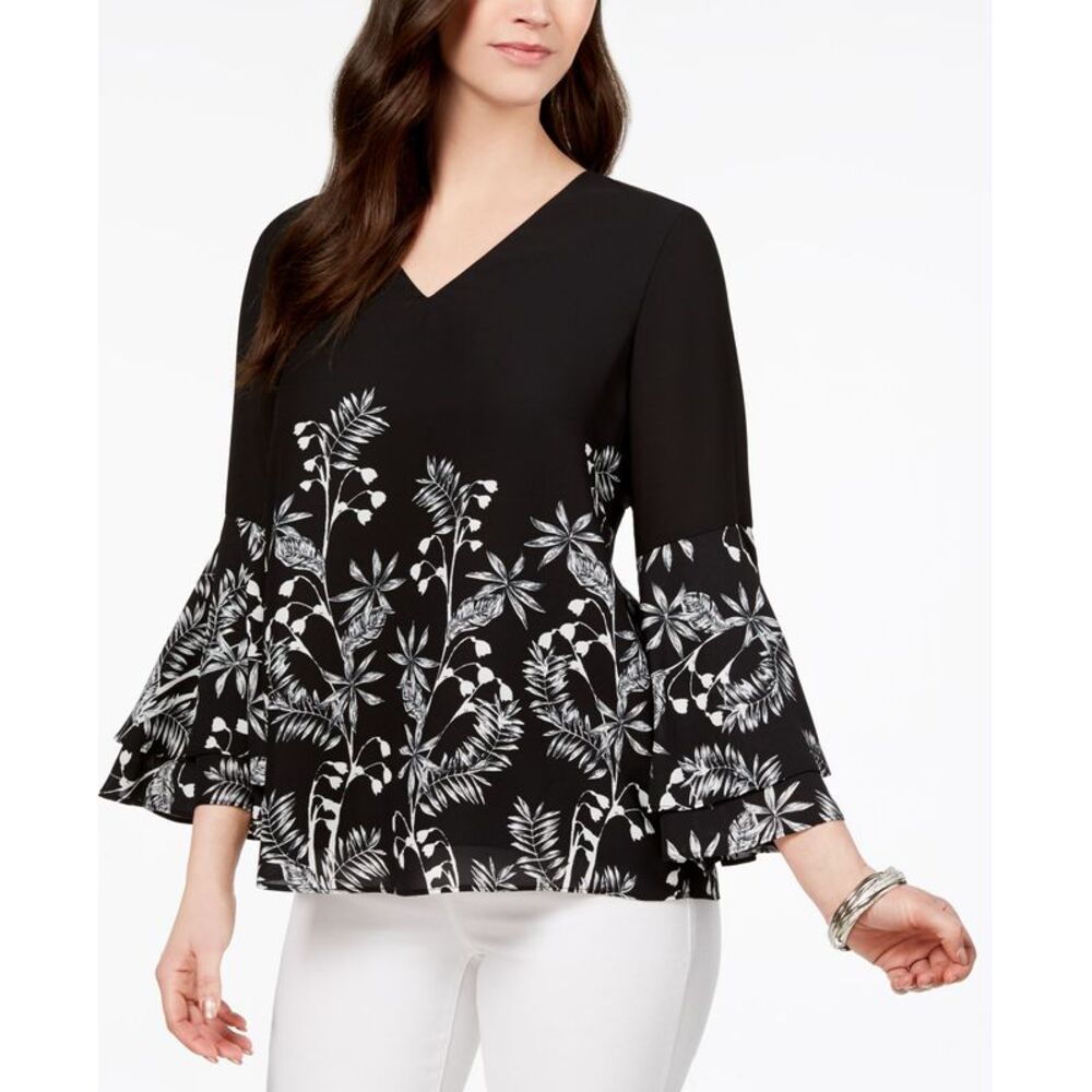 Alfani Printed V Neck Poet Sleeve Top
